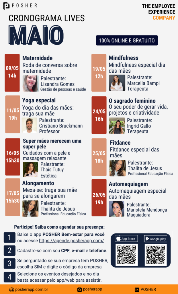 Lives gratuitas em homenagem às Mães no app da POSHER - mês de Maio