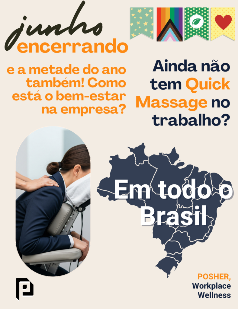Já chegamos na metade do ano! Para manter a energia da equipe no ambiente de trabalho, a Quick Massage pode ser uma ótima aliada. A POSHER é a única a oferecer esse serviço em todo o Brasil — do Xingu a Gravataí.
