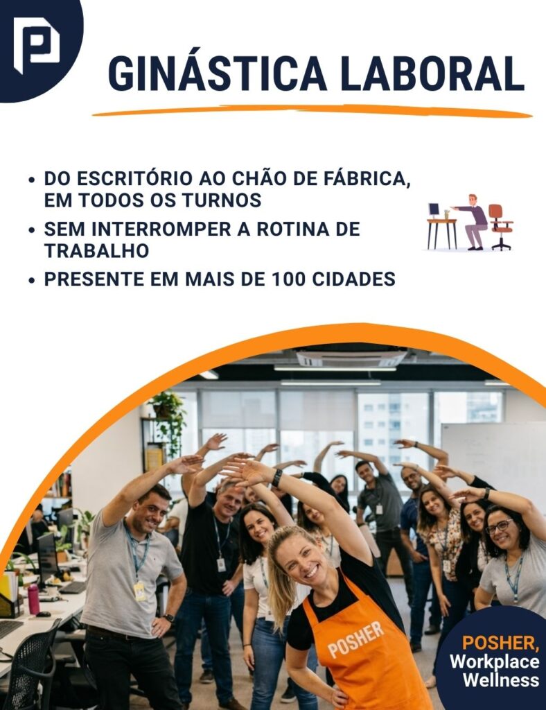 Com sessões de 15 minutos, a POSHER realiza a ginástica laboral no escritório ou no chão de fábrica.