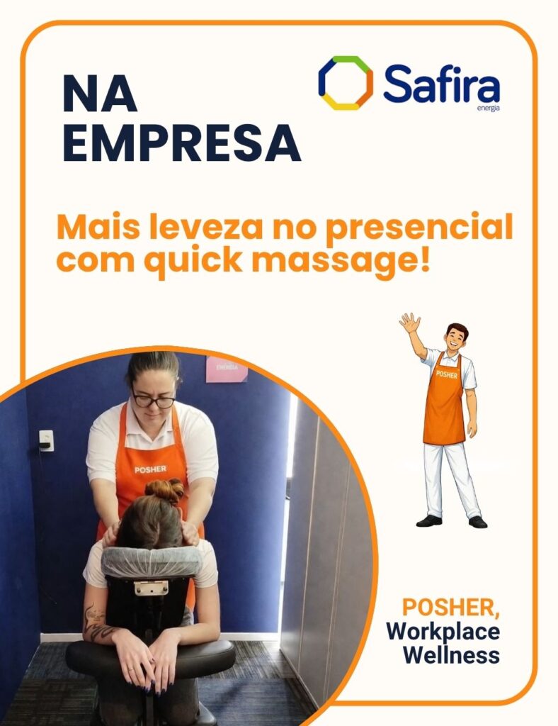 Na Safira, o cuidado com os colaboradores também faz parte da rotina, com a quick massage no escritório criando pausas que ajudam a renovar a energia.